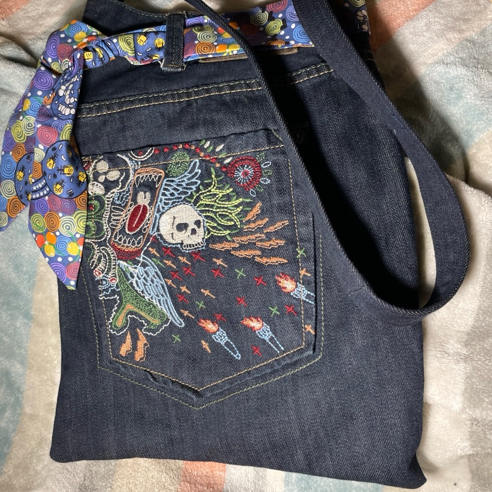 Embroidered Denim Shoulder bag with Colorful Scarf - Picture 7 of 9